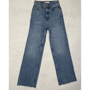 Zara High Rise Denim Jeans Straight Leg Raw Hem Size 0 Blue
